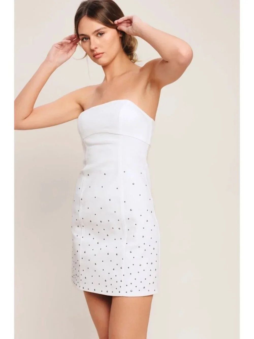Zara Womens Mini Dress M White Rhinestone Denim Strapless Cocktail 6147/185 NWT